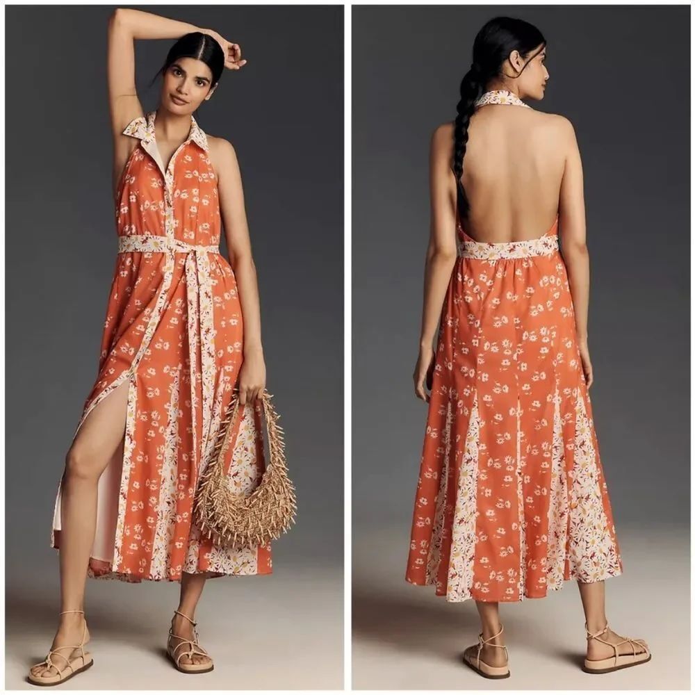 Maeve Anthropologie Halter Open-Back Godet Midi Shirt Dress Orange Floral $188